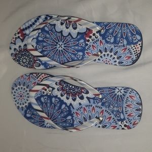 Vera Bradley Blue Red White Paisley Flip Flops with Silver Straps